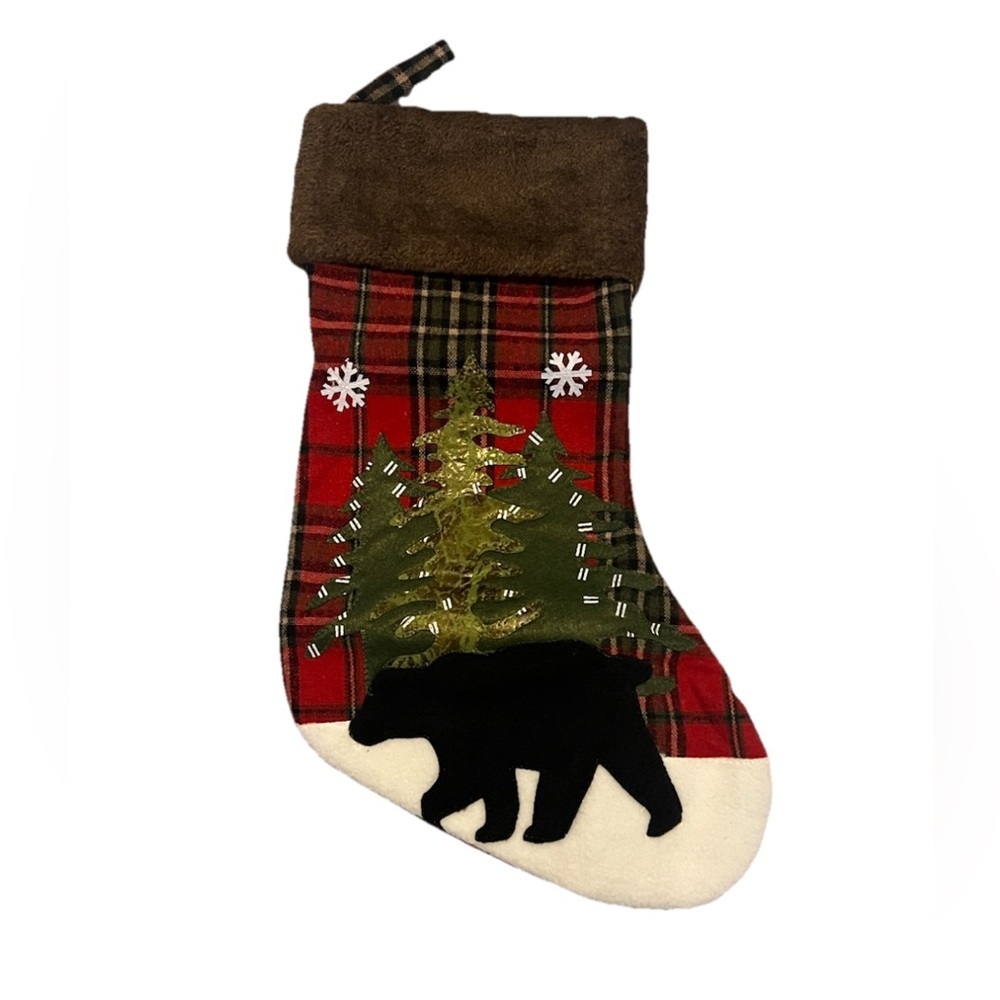 Bear Print Plaid Christmas Stocking with Faux Fur Trim NWOT (0554)